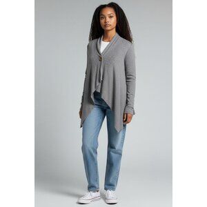 Bobeau Heather Gray Open Front Cardigan Button Closure Asymmetric Hem